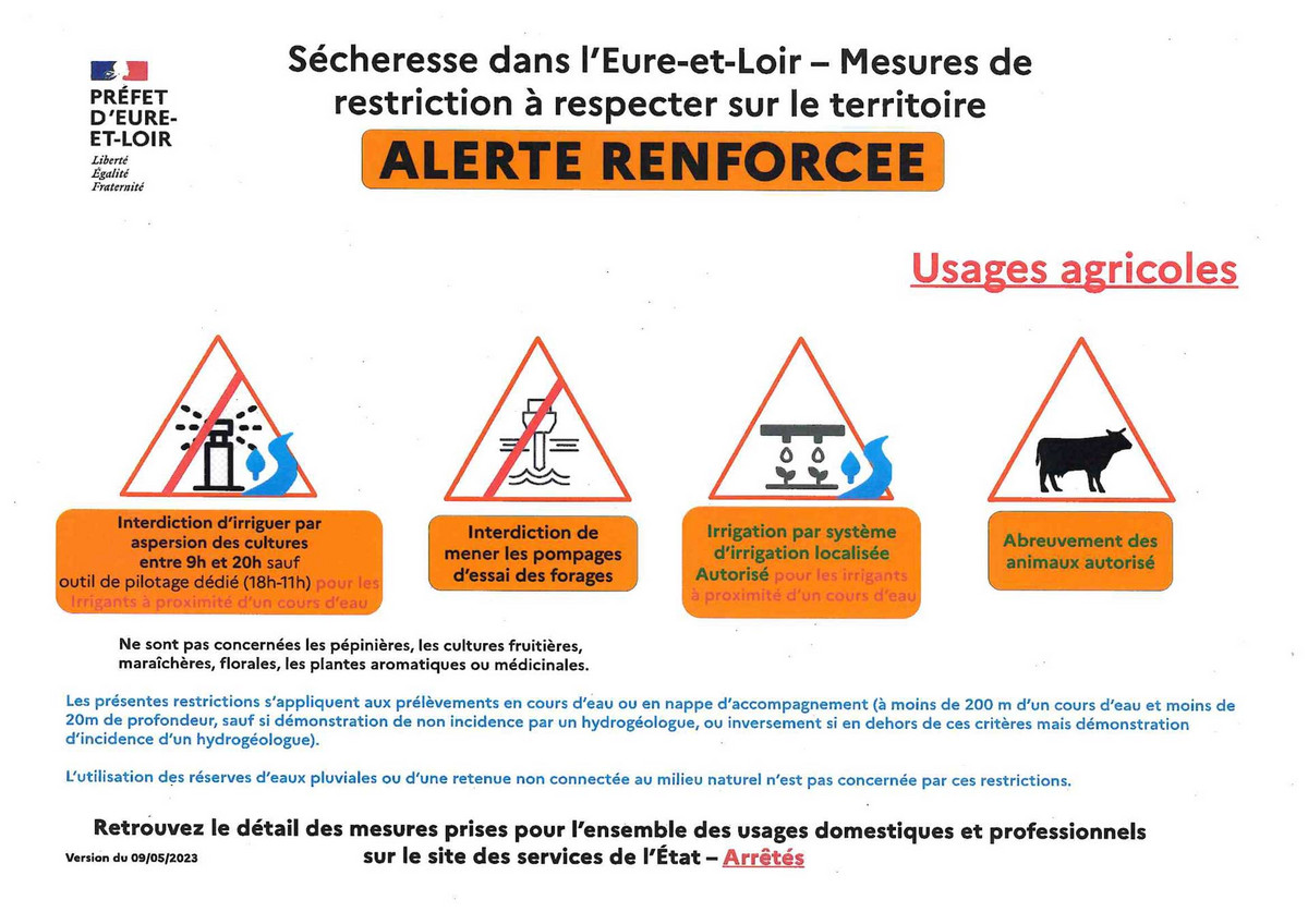 Sécheresse : mesures de restriction des usages de l'eau à respecter pour les usages agricoles au niveau alerte renforcée Sécheresse : mesures de restriction des usages de l'eau à respecter pour les usages agricoles au niveau alerte renforcée