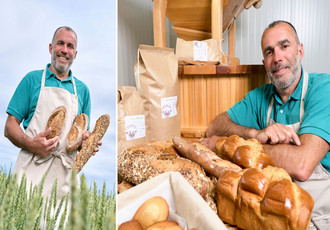 Olivier Chauvron et ses productions de pains, madeleines et brioches issues de ses récoltes