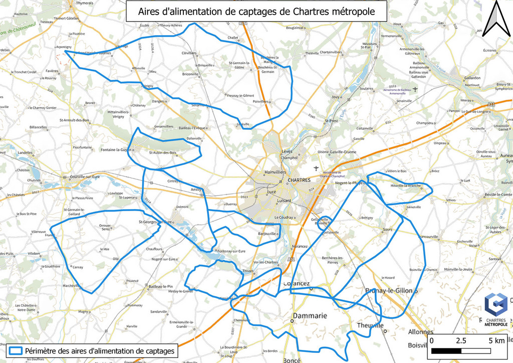 Carte des aires d'alimentation de captages pour l'eau potable de Chartres métropole.