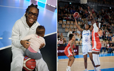 Assitan Koné avec son enfant à gauche et sur terrain du Colisée à droite