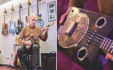 Bernard Odant et sa guitare en boîte à cigare