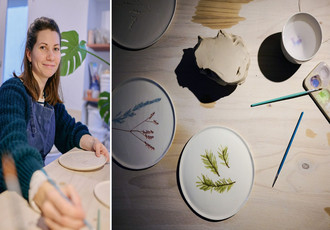 Portrait d'Audey Milliot et une vue de ses productions en céramique.