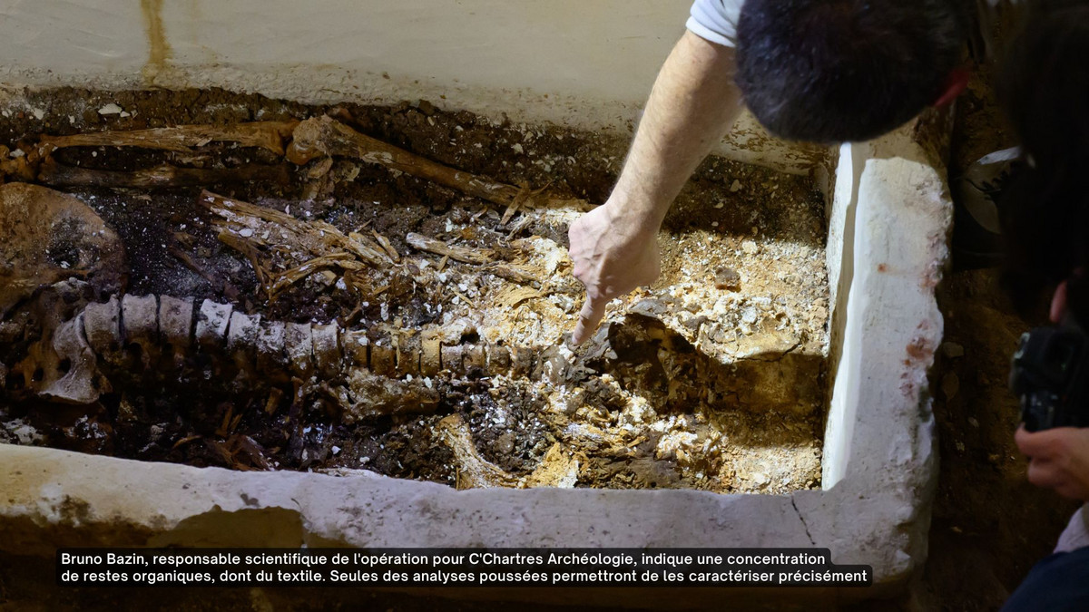 Bruno Bazin, responsable scientifique de l'opération pour C'Chartres Archéologie, indique une concentration de restes organiques, dont du textile. Seules des analyses poussées permettront de les caractériser précisément