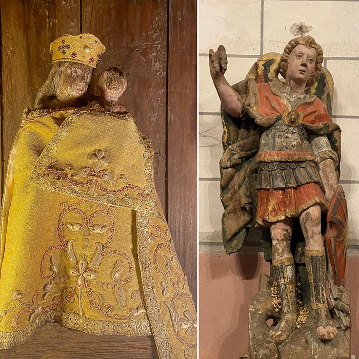 Photos de la petite statut de la Vierge et d'une statut en bois polychrome